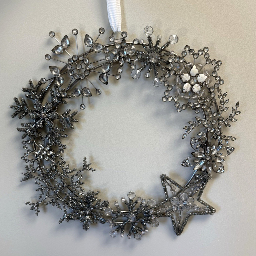 Pottery Barn Jeweled Wreath Silver Metal Snowflake Crystal Christmas 17" Box